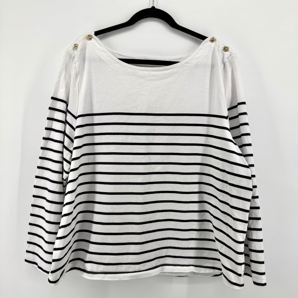 Talbots Plus Women's Size 3X Striped Cotton Boat Neck Top Gold Knot Buttons